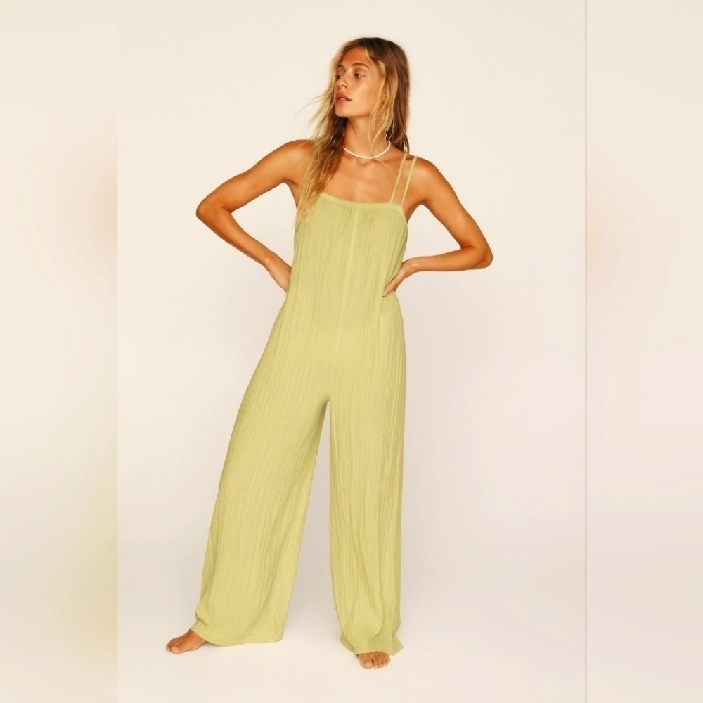 Nasty Gal Textured Cotton Tie Back Cover Up Jumpsuit Olive 12 NEW
